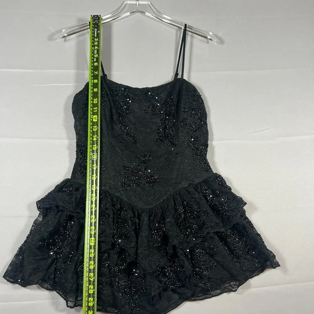 Windsor Midnight Magic Mini Dress Women Large Black Sequin Lace Spaghetti Straps